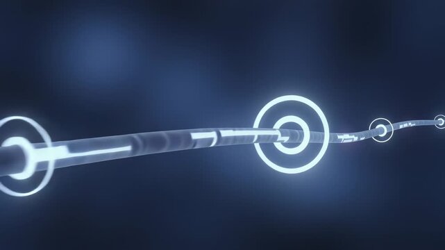 Moving camera revealing translucent conduit in dark navy field, showing receding rings and panels