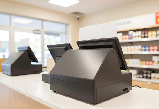 Retail checkout and pharmacy point of sale, modern pos terminal system on store counter with blurred shelves of medicine and health products