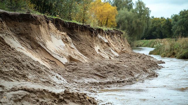 Soil erosion along a small river bank showing mud sediment slide landslide environmental damage land collapse natural disaster geographic transformation riverbank geology outdoors nature landscape riv