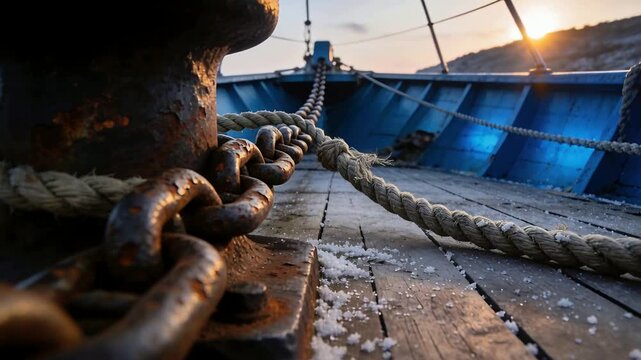Showing rusted bollard and anchor chain reacting to shifting sunlight on boat bow