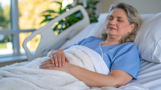 Senior woman resting calmly on a hospital bed in a bright clean room, cropped faceless composition with hands gently folded over a soft white blanket and face turned toward a sunlit window, soft nat