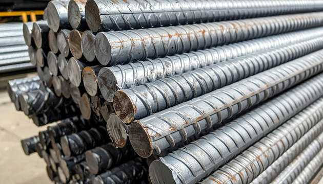 Reinforced Steel Bars: A close-up view of a pile of steel rebar rods, showing their ribbed texture and metallic sheen, ready for construction.