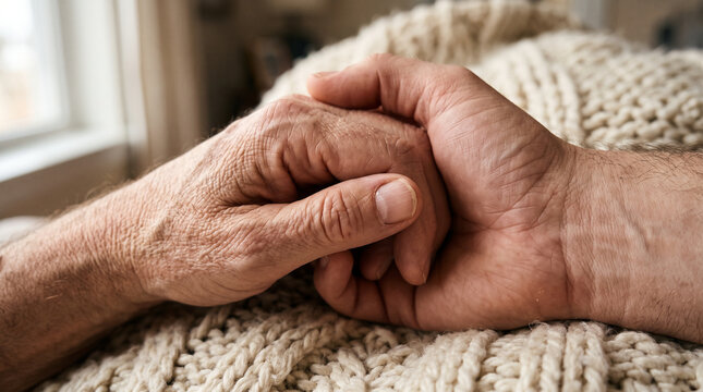 Young hand holding elderly hand on cozy knitted blanket at home