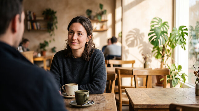 Woman listening attentively to man during coffee date in cozy cafe