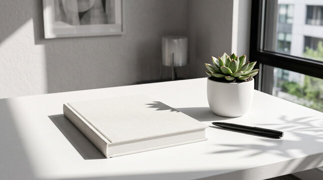 Blank white book mockup with pen and succulent on minimalist desk