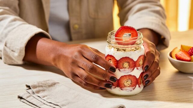 Hands entering with strawberry centering jar parfait on home table presenting tan shirt black nails