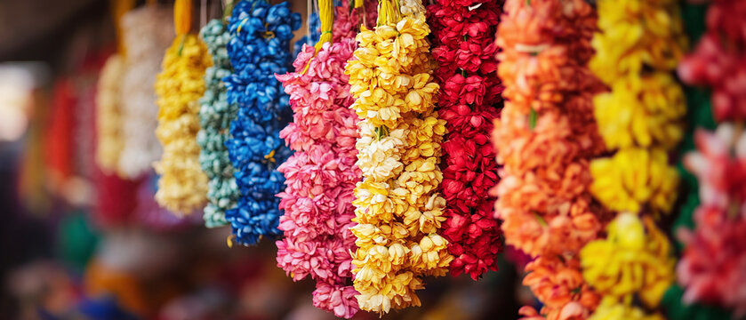 Colorful hanging flower garlands in a vibrant street market setting, displaying a rich variety of bright hues and traditional decorative elements for festive celebrations and cultural ceremonies acros