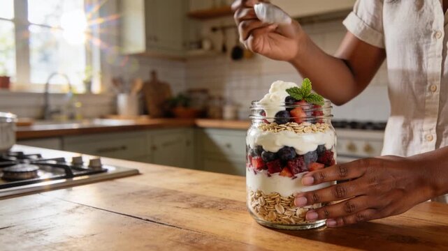 Spoon entering cook in shortsleeve tee spooning yogurt onto parfait to finish at counter