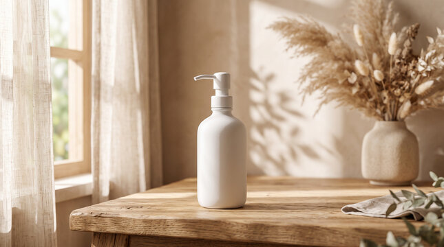 White cosmetic pump bottle mockup on rustic wooden table with dried flowers and sunlight