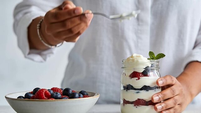 Scooping spoon starting woman in white top holding jar at counter pouring yogurt to build parfait
