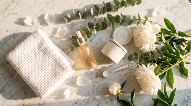 Beauty products flat lay with serum cream flowers and eucalyptus on marble surface