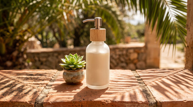 Frosted glass soap dispenser with wooden pump and succulent on brick ledge in sunny garden