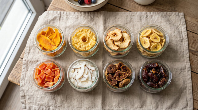 Glass jars with assorted dried fruits on linen cloth on wooden table