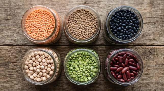 Assorted dried legumes in glass jars on rustic wooden background top view