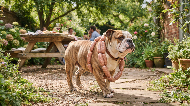 Funny bulldog wearing necklace of sausages in sunny garden during summer barbecue party