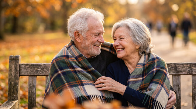 Happy senior couple wrapped in plaid blanket sitting on park bench in autumn
