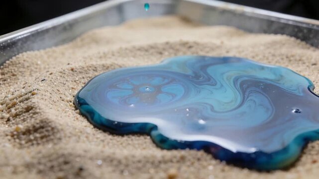 Squeezing bottle sending stream, viscous blue liquid forming marbled pool on tray for capture