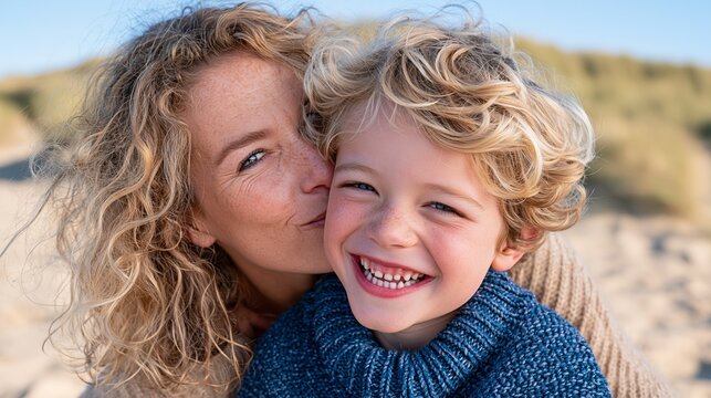 Mother kissing son on cheek while smiling together at sandy beach