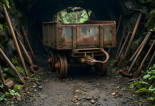 Industrial heritage and mining history, abandoned rusty ore cart in a dark tunnel with vintage excavation tools and mossy stone walls in a mine