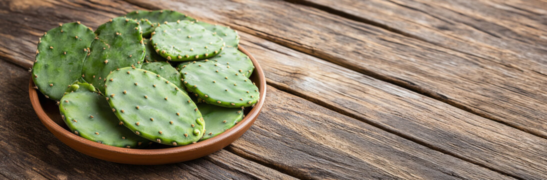 Fresh prickly pear cactus pads or nopalitos Opuntia ficus-indica in a clay bowl on rustic wooden surface background banner with copy space for delicious mexican cuisine recipe food organic ingredient