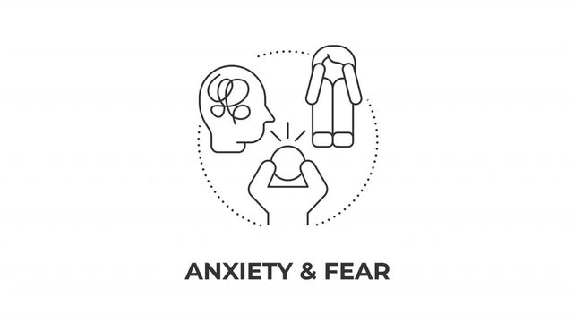 Anxiety and fear animated line concept icon. Nervous system regulation. Intrusive anxious thoughts. Cultivating emotional resilience. Flat linear graphic motion. Minimalist black outline animation