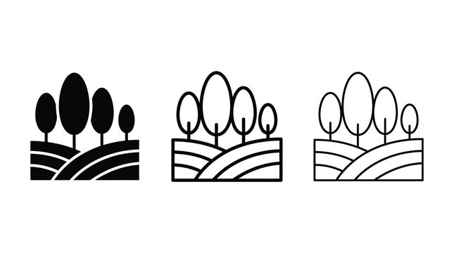Tree orchard icon set featuring stylized forest landscapes in flat and line art