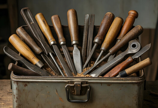 Craftsmanship and woodworking tradition, vintage metal toolbox filled with antique wood chisels and carving tools for carpentry and home renovation