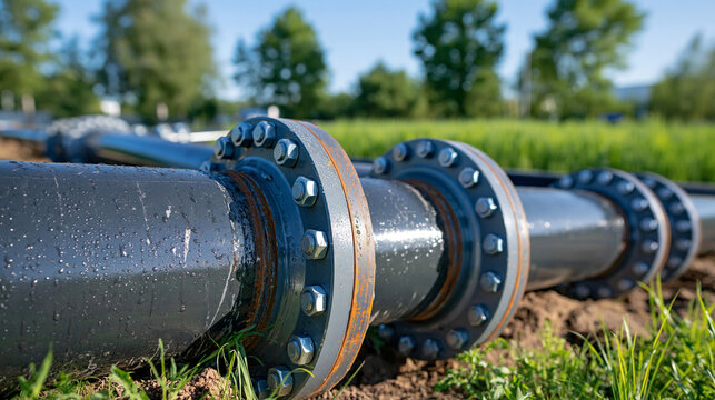 Detailed macro photograph of heavy-duty steel pipe fittings and bolted flanges resting outdoors, tiny morning dew beads highlighting scratched paint and subtle rust patches, lush green field softly 