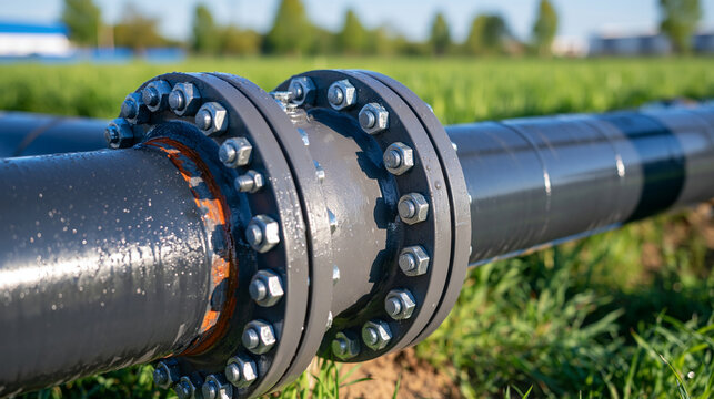 Detailed macro photograph of heavy-duty steel pipe fittings and bolted flanges resting outdoors, tiny morning dew beads highlighting scratched paint and subtle rust patches, lush green field softly 