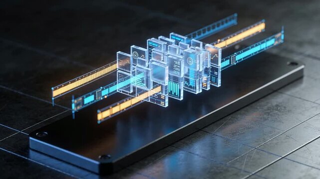 Activating light ribbons, UI panels sliding and forming data stack above matte-black platform