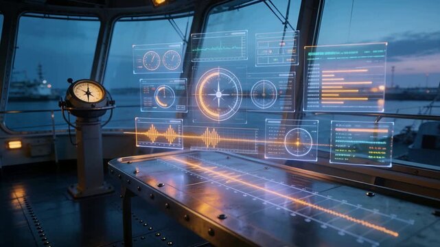 Powering hologram nav interface rising above metal table on bridge, syncing with compass binnacle