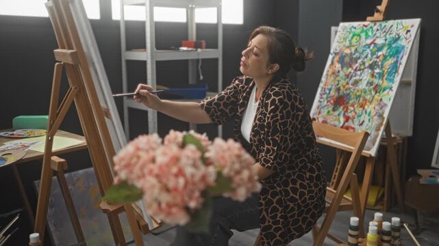 Woman painter, hispanic middle aged artist seated with brush painting bright abstract canvas, hand reaching to easel in studio; creative joy.