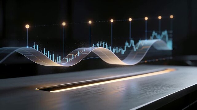 Powering device from slit projecting ribbon hologram with lit markers and spike chart for insight