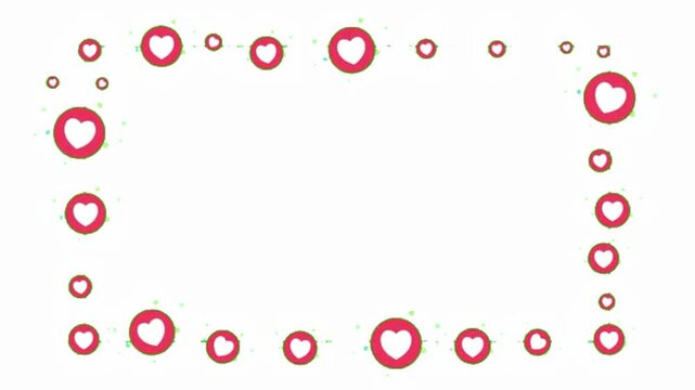 Animated border frame made of floating pink heart icons isolated on a white background. 