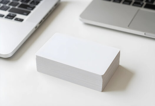 Branding and corporate identity mockup, stack of blank white business cards on office desk with laptop computers for professional design presentation