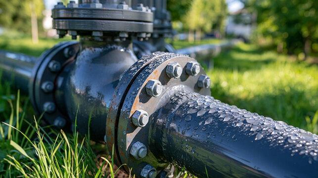 Photo close-up macro of interconnected steel pipe flanges with visible bolts, fresh dew droplets clinging to the metal surfaces, natural oxidation and restrained paint wear, soft green field rendere