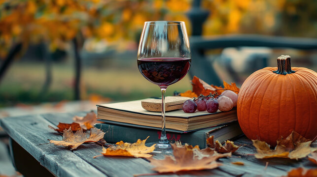 Autumn scene with a glass of red wine, books, pumpkin, and fallen leaves on an outdoor wooden table, creating a cozy harvest season mood ideal for editorial and seasonal holiday design concepts xxxxxx