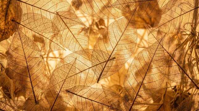 Extreme macro close-up of overlapping translucent skeleton leaves illuminated by warm golden backlight for elegant organic botanical background