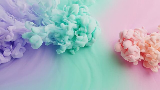 Pastel ink clouds swirling in water: abstract fluid motion background, in mint and pink