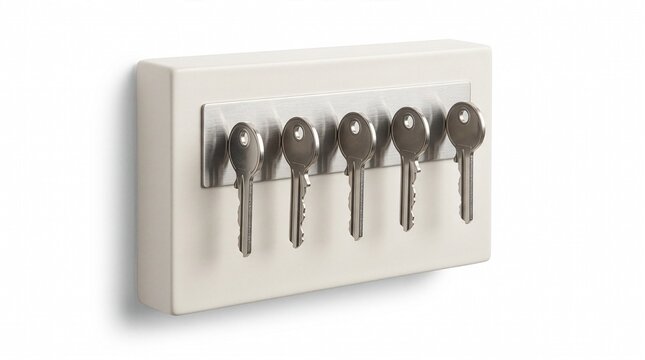 Key Organizer: A clean, modern key organizer with six silver keys neatly arranged on a white wall-mounted rack, offering a sense of order and security.