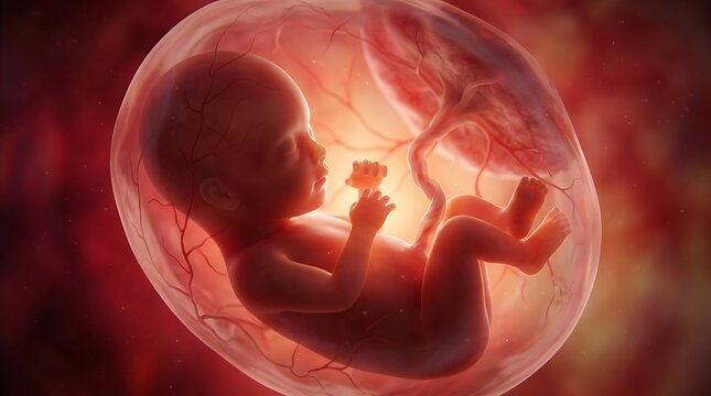 Human fetus developing inside amniotic sac