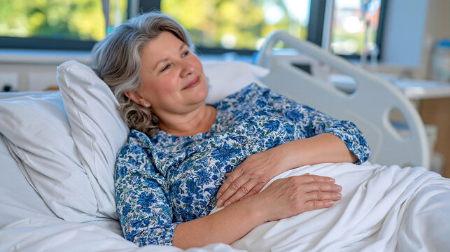 Senior woman relaxing on a bright hospital bed with hands peacefully folded across her abdomen, cropped faceless portrait with her head angled toward natural sunlight from the window, soft white lin
