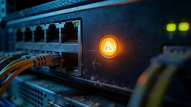 Starting tight camera view focusing on network switch panel pulsing orange warning LED