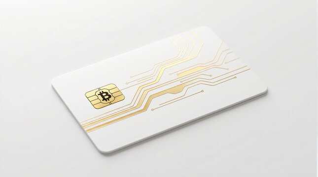 White futuristic credit card with gold bitcoin symbol chip and circuit lines isolated on background, cryptocurrency payment and fintech shopping concept