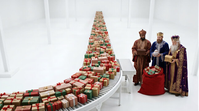 Three wise men kings standing near conveyor belt overflowing with christmas presents in minimalist factory, epiphany holiday gifts delivery and ecommerce concept