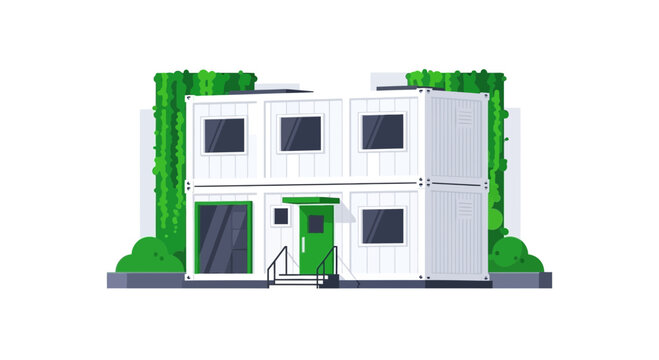 Sustainable Modern Shipping Container Home Illustration, Modular Eco-friendly Office Building with Vertical Greenery, Minimalist Architecture Vector Art