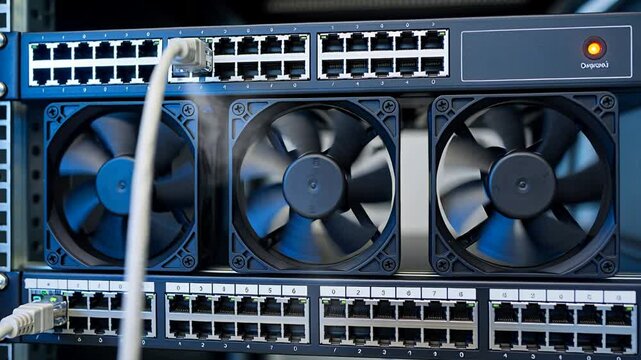 Powering rack, three fans spinning, keeping switches cool in server room, with white cable, lit LED