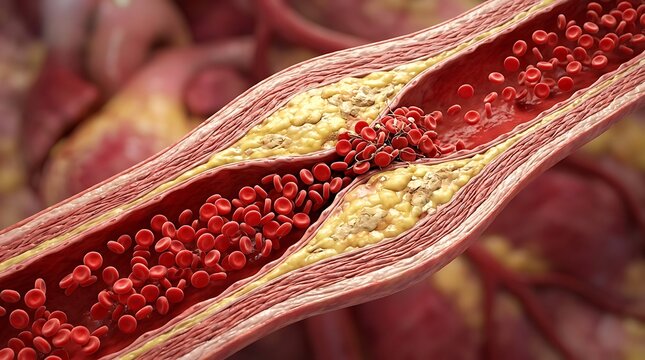 Blood vessel showing cholesterol plaque and red blood cells