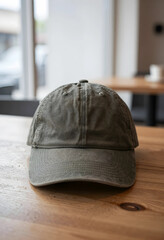 Obraz premium Casual fashion and streetwear style, olive green baseball cap on a wooden table in a coffee shop setting for urban lifestyle and apparel branding