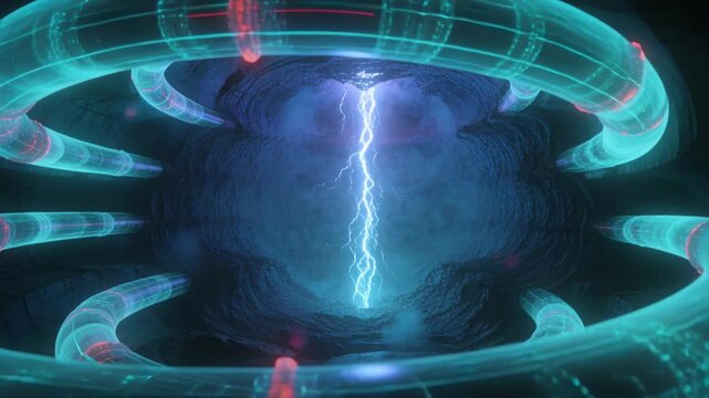 Sparking central energy column growing inside cavern chamber, powering conduits